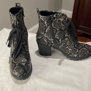 Faux snakeskin patent platform combat boots